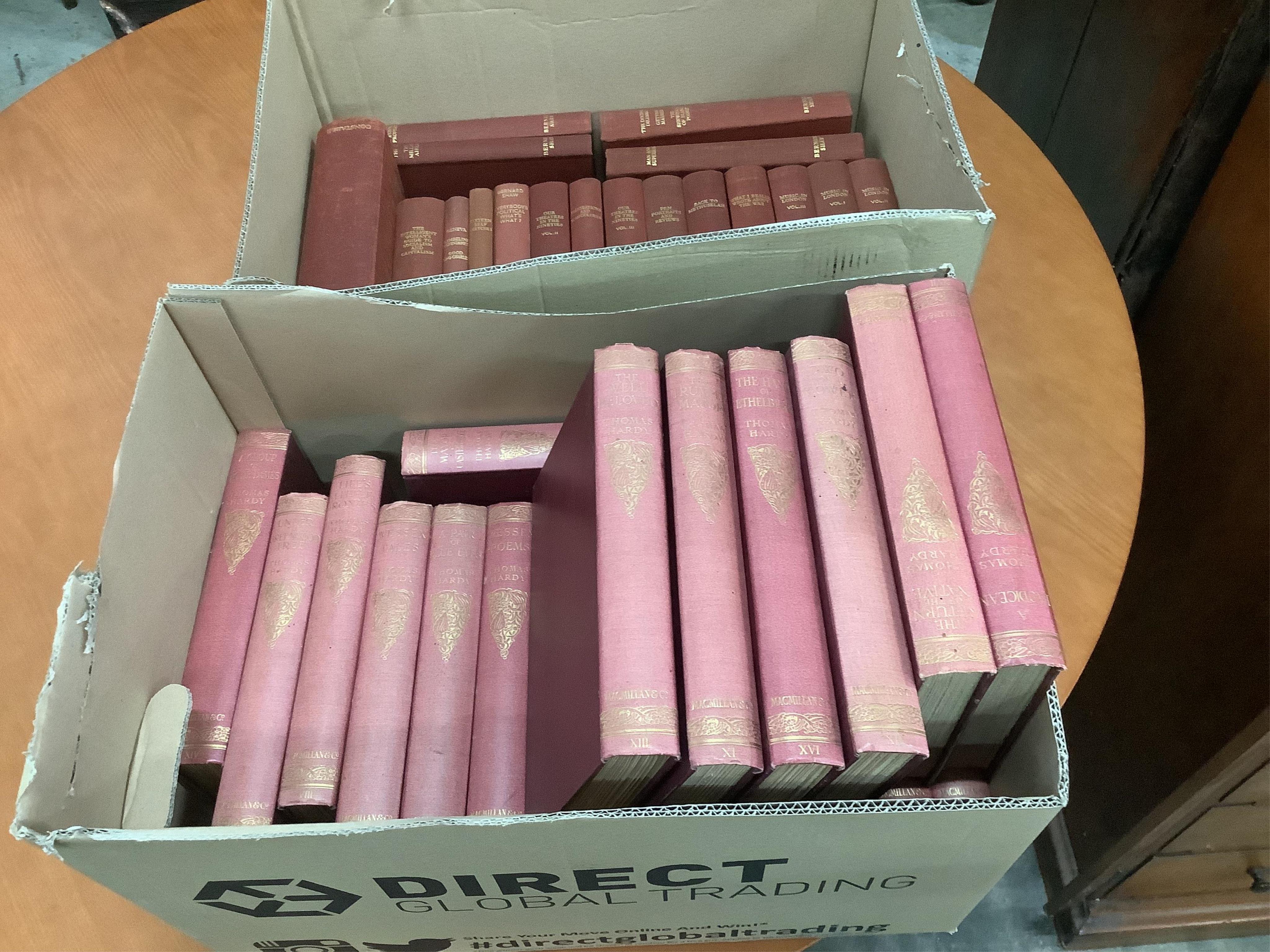 Two boxes of Bernard Shaw books and one box of Thomas Hardy books, approximately 57 volumes